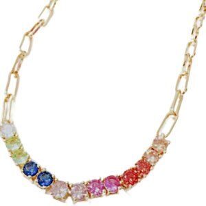 Rainbow Paper Clip Lab-Created Multi-Gemstone Tennis Necklace 18K Gold Plated